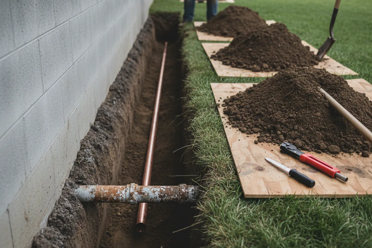 Excavated water line trench during Water Softener Installation in Koppel